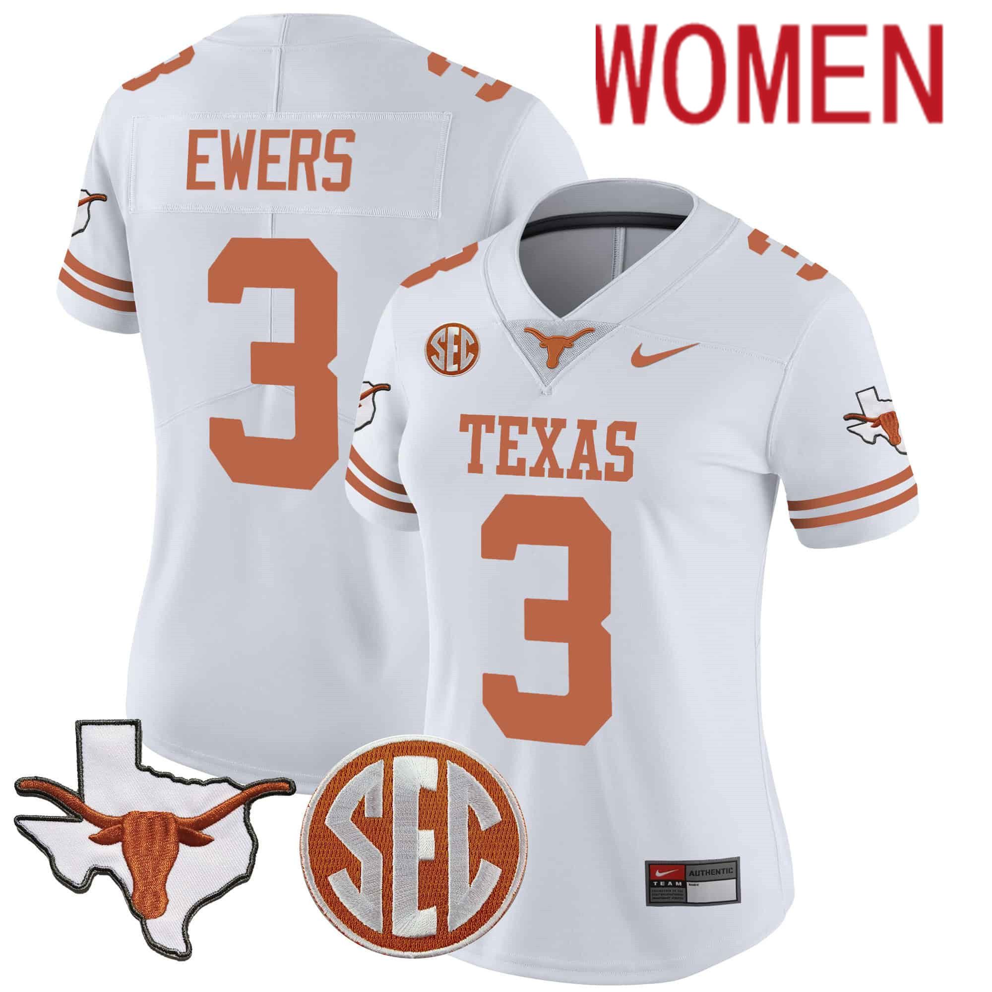 Women Texas Longhorns #3 Ewers White 2024 Nike State Map & SEC Patch Vapor NCAA Jersey